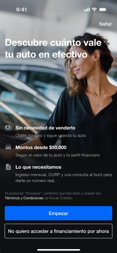 La introducción de Auto Equity encuadra el financiamiento alrededor del valor de un vehículo propio.