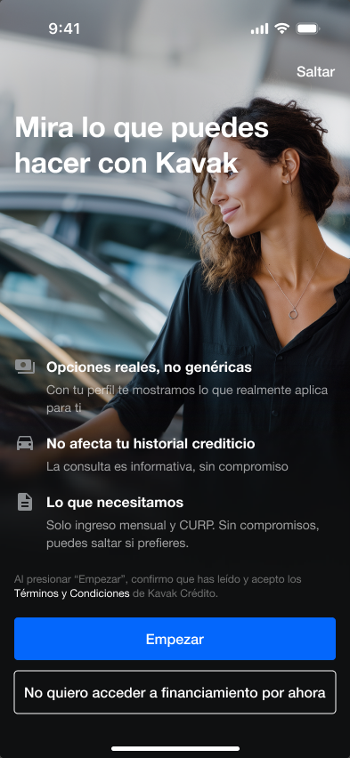 La introducción de exploración presenta posibilidades de Kavak sin asumir una transacción activa.