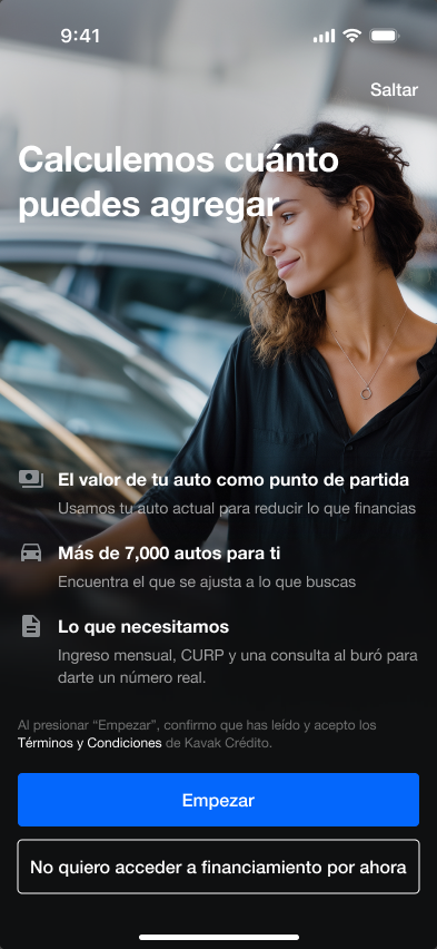 La introducción al crédito de cambio encuadra el financiamiento alrededor del cambio de vehículo.