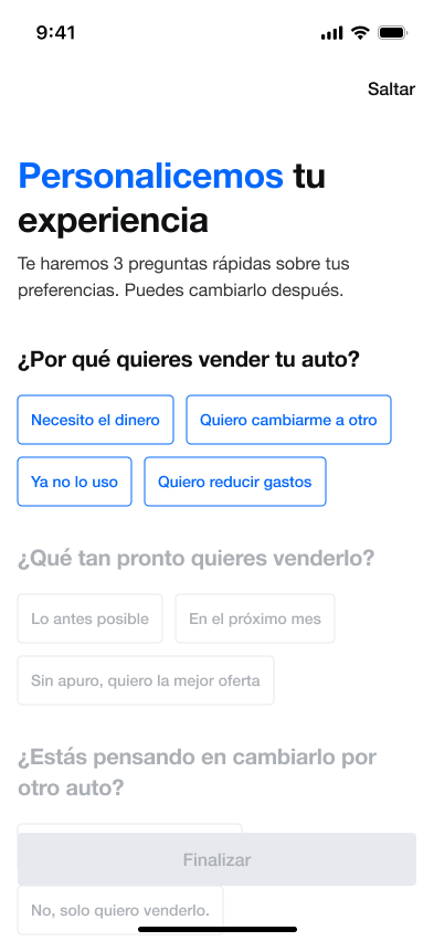 La rama de venta enfoca la personalización en el vehículo que el usuario quiere vender.