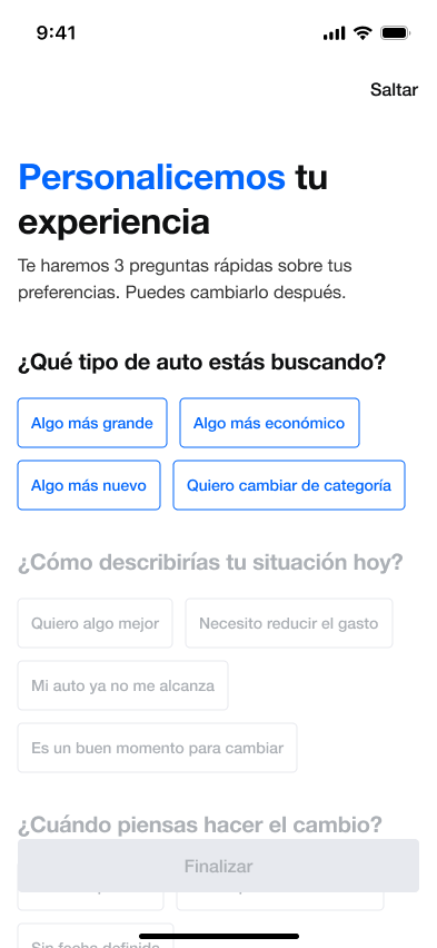 La rama de cambio conecta el vehículo actual con un journey de cambio de auto.
