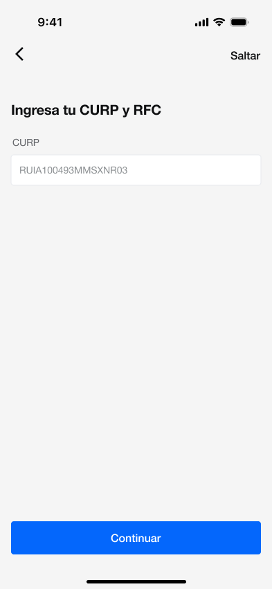 El CURP o RFC se solicita como un paso posterior del perfil financiero.